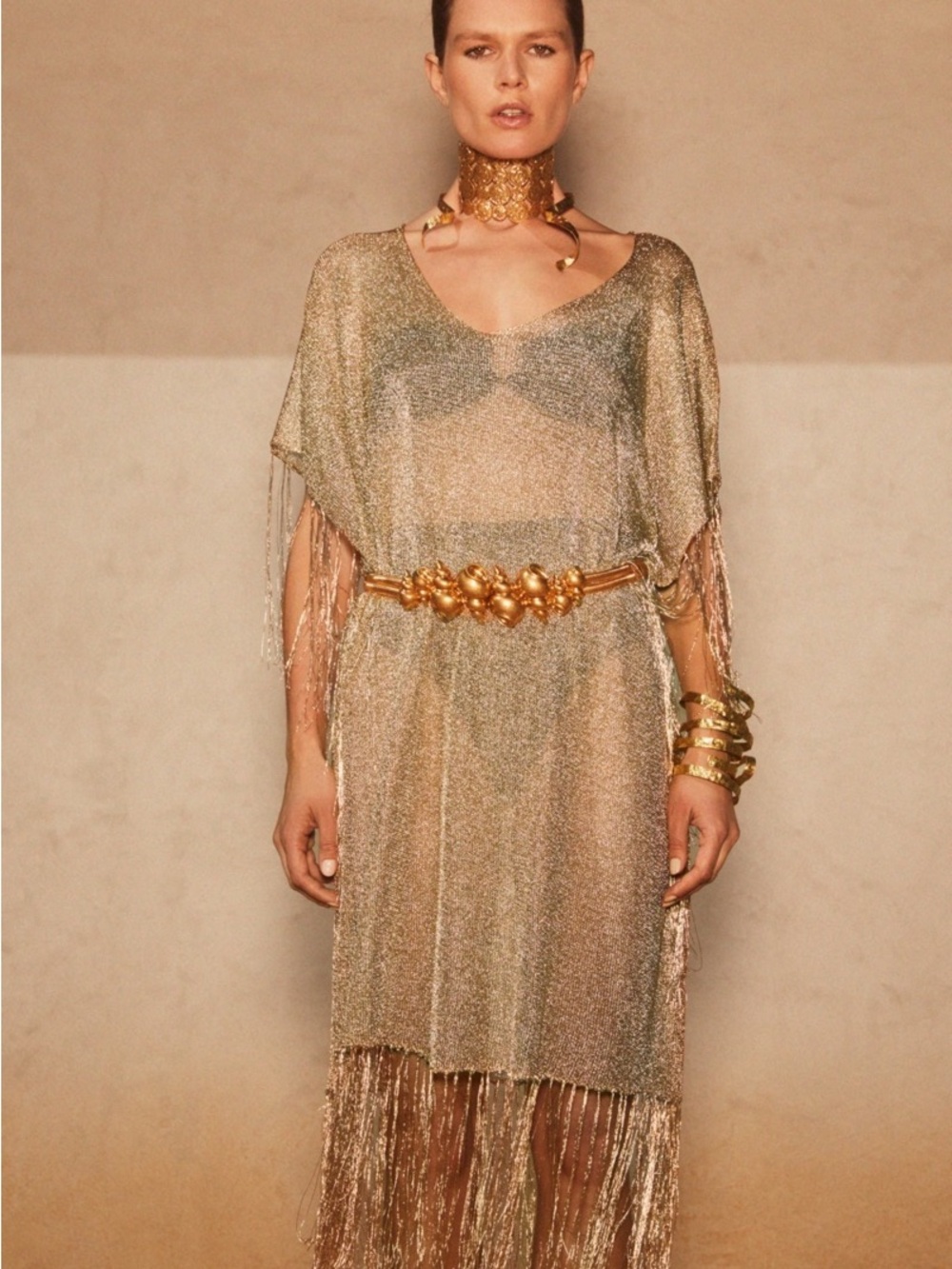 BNWT Zara Gold Metallic Fringe coverup caftan Dress festival Ibiza glam